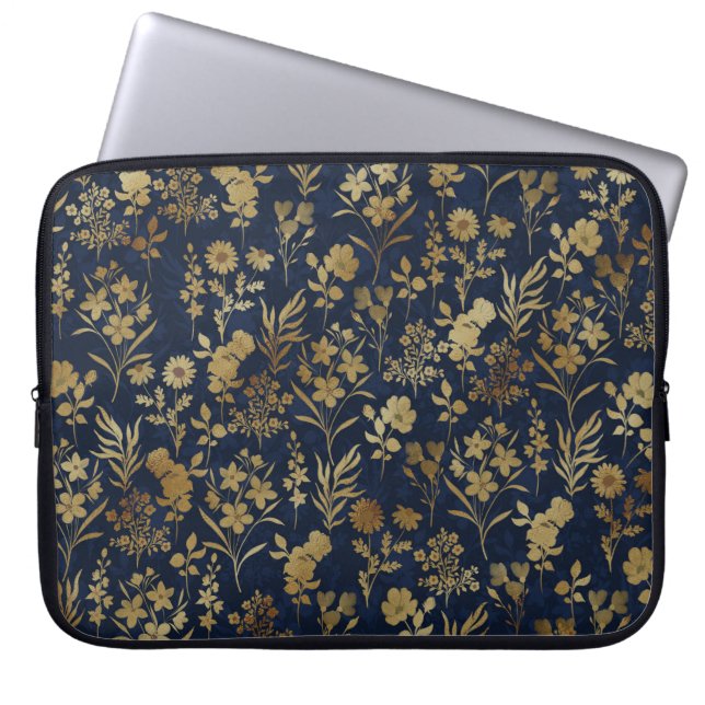 Blauw patroonpatroon met goudbloemen laptop sleeve (Voorkant)