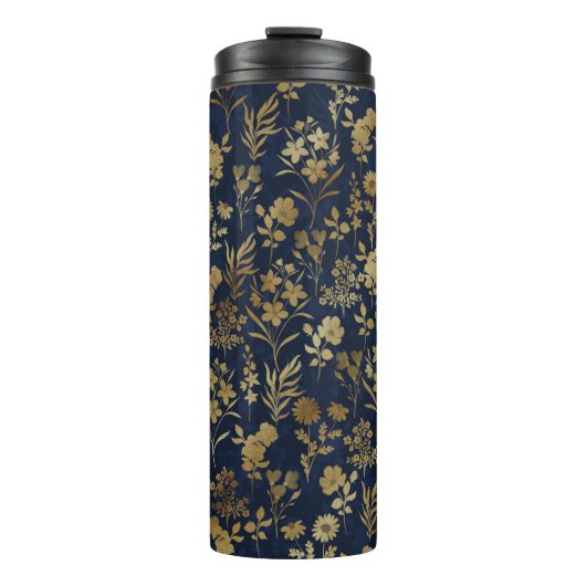 Blauw patroonpatroon met goudbloemen thermosbeker (Voorkant)