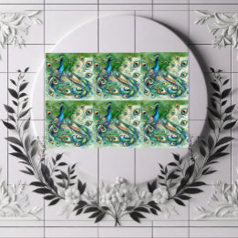 Blauw Pauwenpaar Groen Gouden Veren Motief  Tegeltje