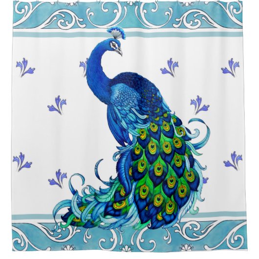 Blauw Peacock Swirl douchegordijn (Voorkant)