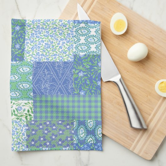 Blauw Periwinkle Bloem Boho Nep Patchwork Patroon Theedoek (Quarter Fold)
