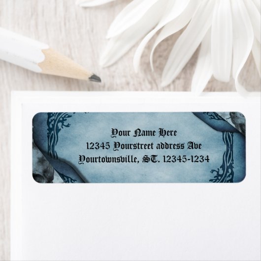Blauw perkament Scroll Gothic Retouradres Etiket (Insitu)