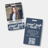 Blauw personeelsfoto ID met QR-code bedrijfslogo Badge (Voor- en achterkant)