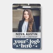 Blauw personeelsfoto ID met QR-code bedrijfslogo Badge (Voorzijde)