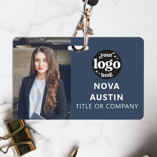 Blauw personeelsfoto ID met QR-code bedrijfslogo Badge