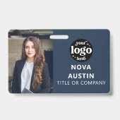 Blauw personeelsfoto ID met QR-code bedrijfslogo Badge (Voorzijde)