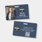 Blauw personeelsfoto ID met QR-code bedrijfslogo Badge (Voor- en achterkant)