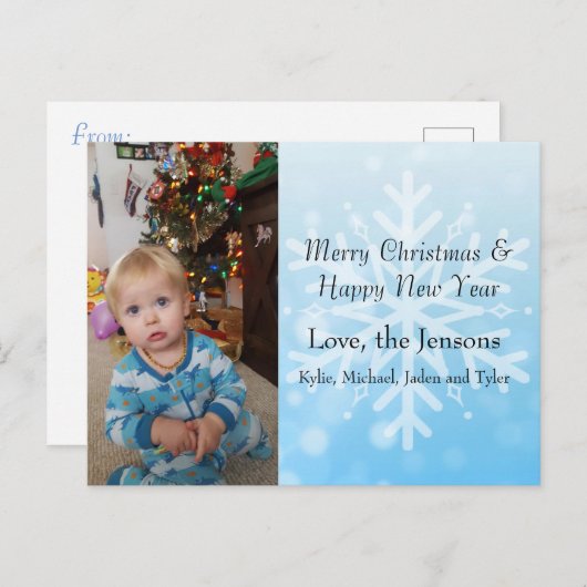  blauw Persoonlijk Snowflake Fotokerst Briefkaart (Voorkant / Achterkant)