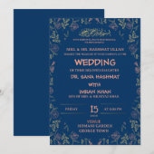 Blauw & Perzik Bloemen Moslim Bruiloft Uitnodiging (Voorkant / Achterkant)