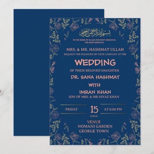 Blauw & Perzik Bloemen Moslim Bruiloft Uitnodiging (Voorkant / Achterkant)