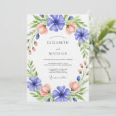 Blauw & Perzik Bloemige Whimsy Bruiloft Kaart (Staand voorkant)