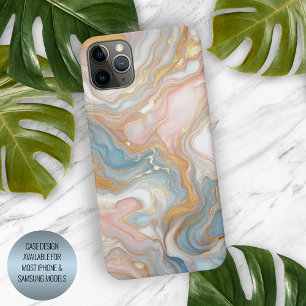 Blauw Perzik Blush Roze Wit Goud Marmer Patroon iPhone 15 Pro Max Case