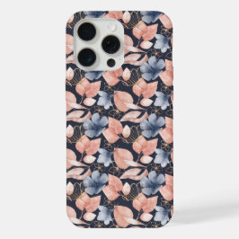 Blauw, perzik- en goudkleurige bloemen stijlvolle  iPhone 15 pro max case