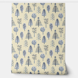 Blauw & perzik kerstboom patroon Wallpaper Behang
