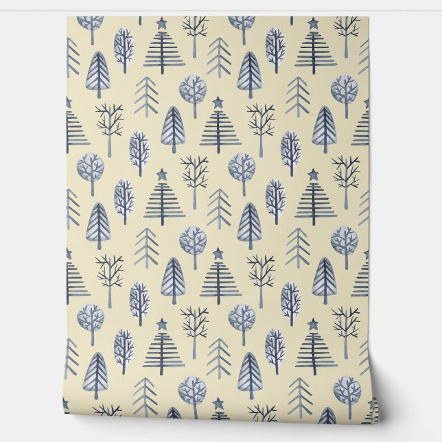 Blauw & perzik kerstboom patroon Wallpaper Behang (Afrollen)