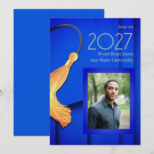 Blauw Pet en jurk met gouden kwastje Aankondiging (Voorkant / Achterkant)