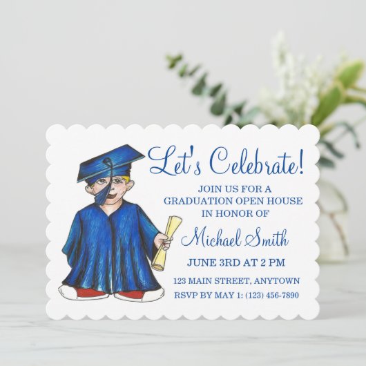 Blauw Pet Geon School Gradution Party Open House Kaart (Staand voorkant)