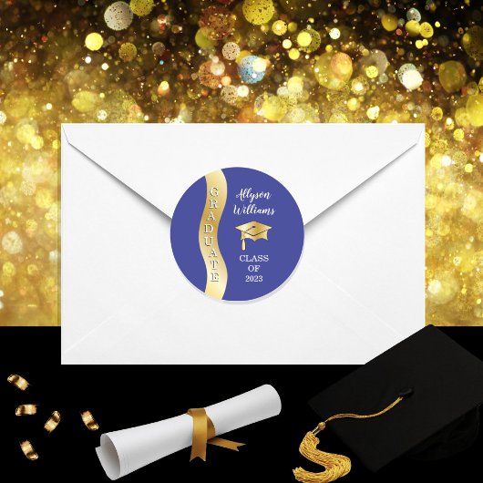 Blauw | Pet "Gold Afstuderen Wave Afstudeerder" Ronde Sticker