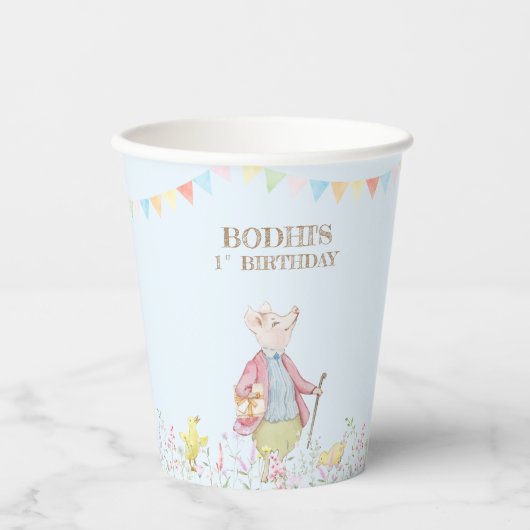 Blauw Peter het Konijn Eerste Verjaardag Papieren Bekers (Voorkant)