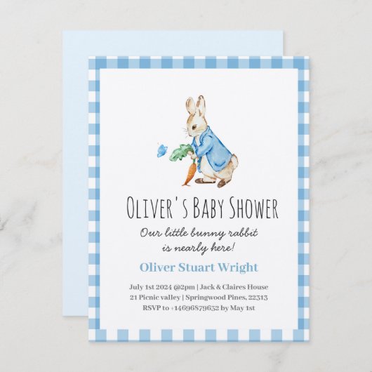 Blauw peter konijn baby shower uitnodiging schatti (Voorkant / Achterkant)