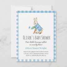 Blauw peter konijn baby shower uitnodiging schatti
