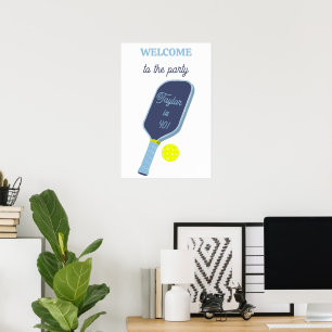 Blauw Pickleball Paddle en Bal Feest Welkom Poster