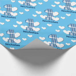 BLAUW PLAID 1st verjaardag Eigen naam V03A Cadeaupapier