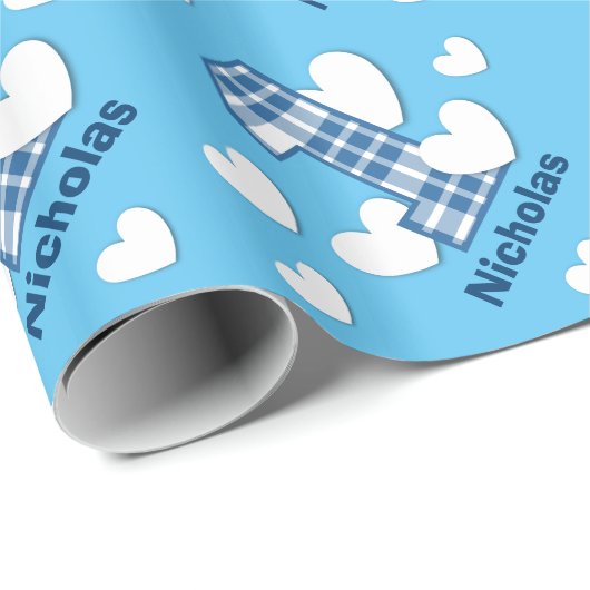 BLAUW PLAID 1st verjaardag Eigen naam V03A Cadeaupapier (Rol Hoek)