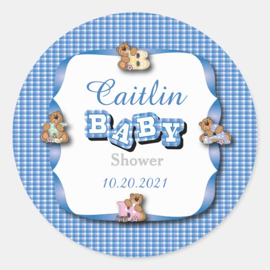 Blauw Plaid met Baby Beren | Baby Jongensdouche Ronde Sticker (Voorkant)