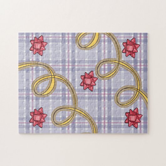 Blauw Plaid Rood BowHappy Feestdagen Kerstpuzzel Legpuzzel (Horizontaal)
