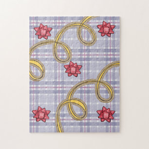 Blauw Plaid Rood BowHappy Feestdagen Kerstpuzzel Legpuzzel