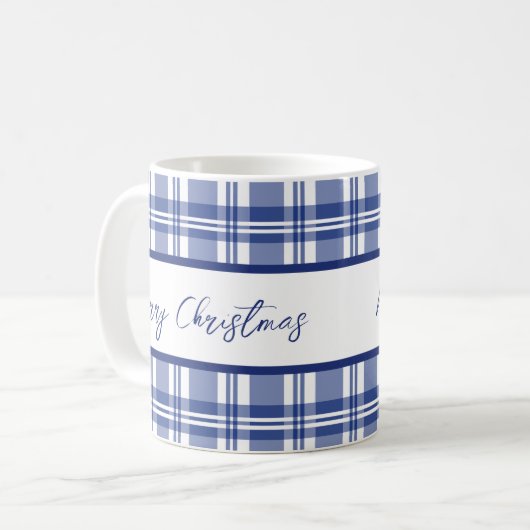 Blauw Plaid Vrolijk Kerstfeest Koffiemok (Voorkant links)