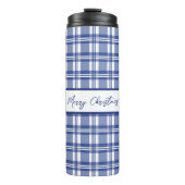 Blauw Plaid Vrolijk Kerstfeest Thermosbeker (Voorkant)