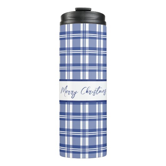 Blauw Plaid Vrolijk Kerstfeest Thermosbeker (Voorkant)