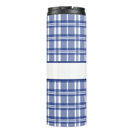 Blauw Plaid Vrolijk Kerstfeest Thermosbeker (Achterkant)