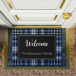 Blauw Plaid Welkom Monogrammed Familienaam Deurmat