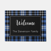 Blauw Plaid Welkom Monogrammed Familienaam Deurmat (Voorkant)