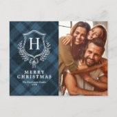 Blauw Plakken Monogram Foto Kerstmis Feestdagenkaart (Voorkant)