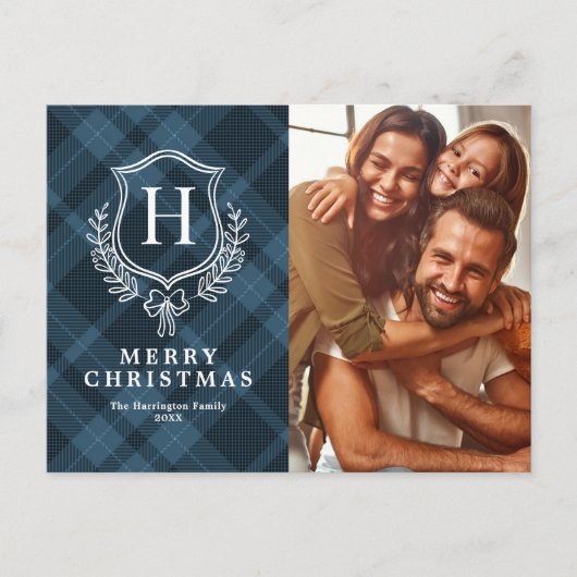 Blauw Plakken Monogram Foto Kerstmis Feestdagenkaart (Voorkant)