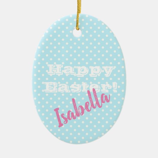 blauw poka dot Happy Pasen Keramisch Ornament (Voorkant)