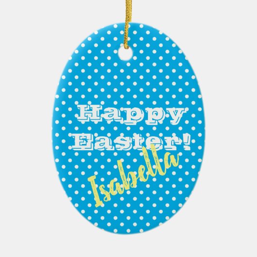 blauw poka dot Happy Pasen Keramisch Ornament (Voorkant)