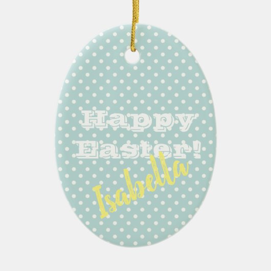 blauw poka dot Happy Pasen Keramisch Ornament (Voorkant)