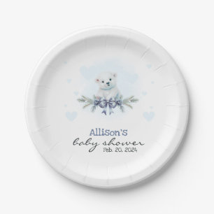 Blauw Polar Beer Cub Boy Hearts Winter Baby shower Papieren Bordje