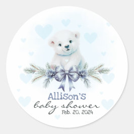 Blauw Polar Beer Cub Boy Hearts Winter Baby shower Ronde Sticker