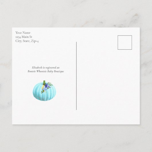 Blauw Pompoen Baby shower Bloemen uitnodigen Uitnodiging Briefkaart (Achterkant)