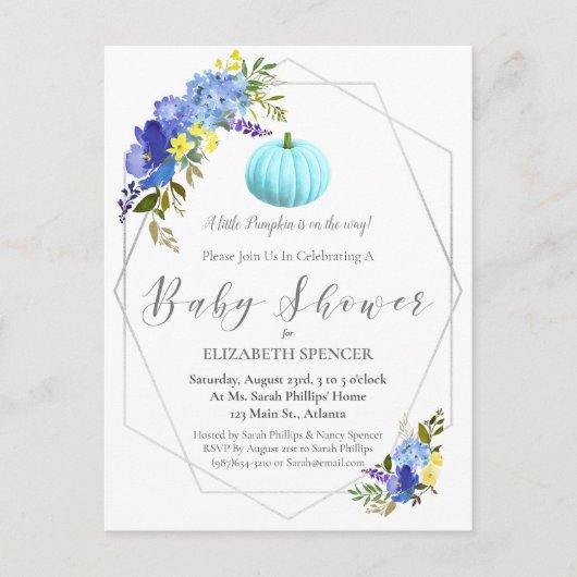 Blauw Pompoen Baby shower Bloemen uitnodigen Uitnodiging Briefkaart (Voorkant)