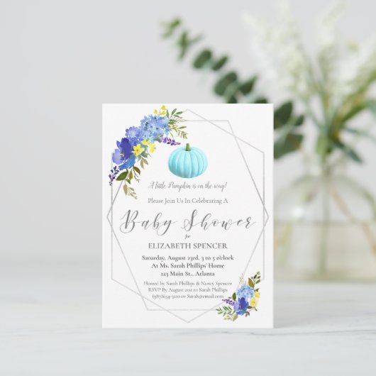 Blauw Pompoen Baby shower Bloemen uitnodigen Uitnodiging Briefkaart (Staand voorkant)