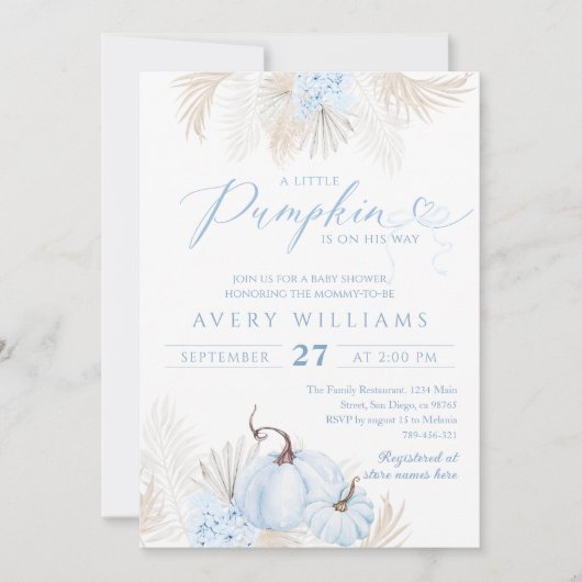 Blauw pompoen boog boho bloemenjongen Baby shower Kaart (Voorkant)