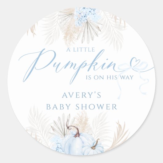 Blauw pompoen boog boho bloemenjongen Baby shower Ronde Sticker (Voorkant)