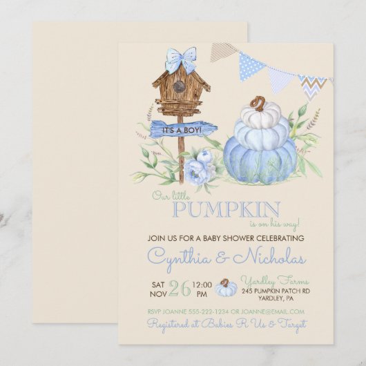 Blauw pompoen Patch Birdhouse Boy Baby shower Kaart (Voorkant / Achterkant)